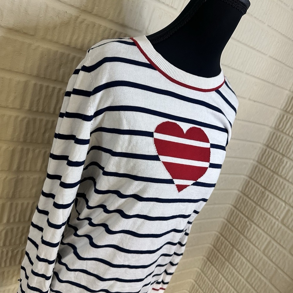 Talbots Blue White Striped Heart Cotton Blend Crew Neck Sweater Sz M Valentine's - Picture 2 of 7